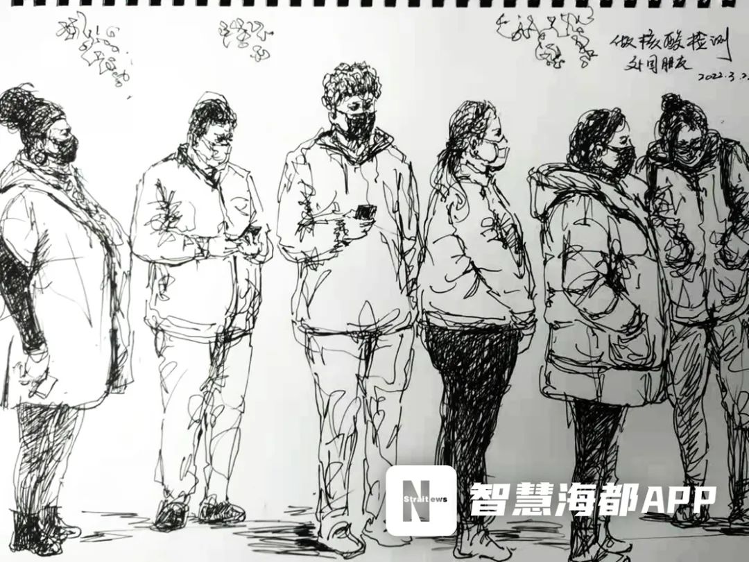 黄建林笔下,正在排队等待采样的队伍黄建林速写作品《同心抗疫 共克