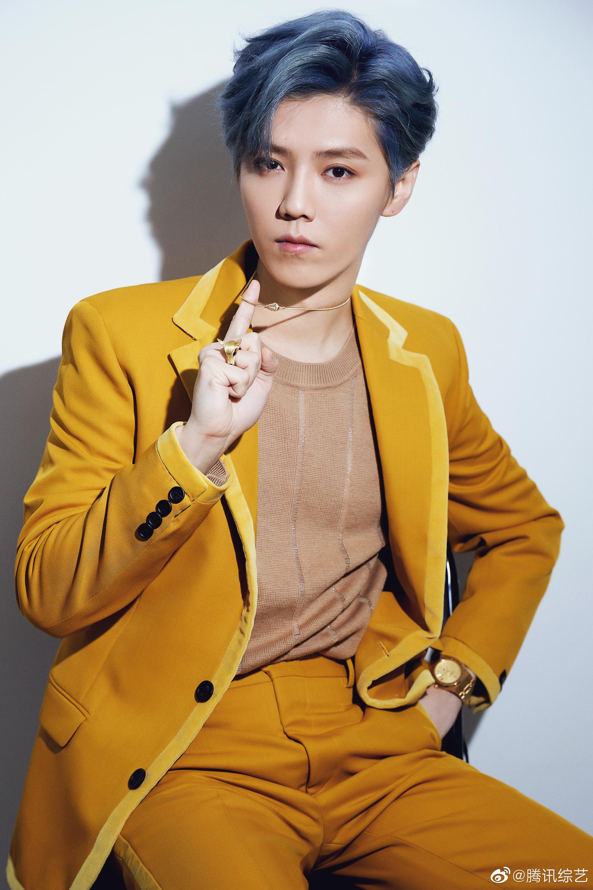 鹿晗豹纹v领衬衫搭配黑色西装or明亮的姜黄色西装