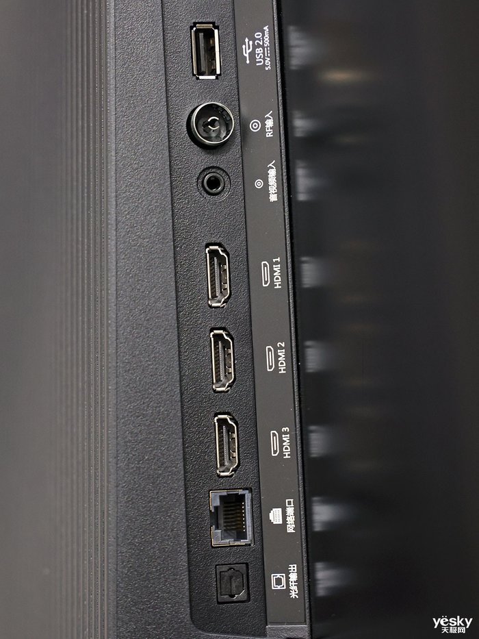 创维q4168pro电视接口,由下到上分别是光纤,网络,hdmi2.