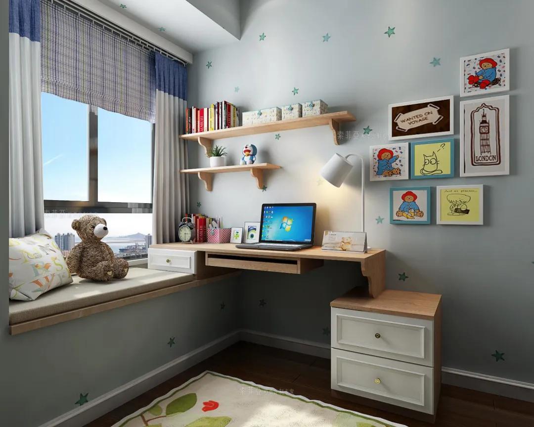 在飘窗台面延伸工作台,搭配搁板,将角落空间变为小型工作区.