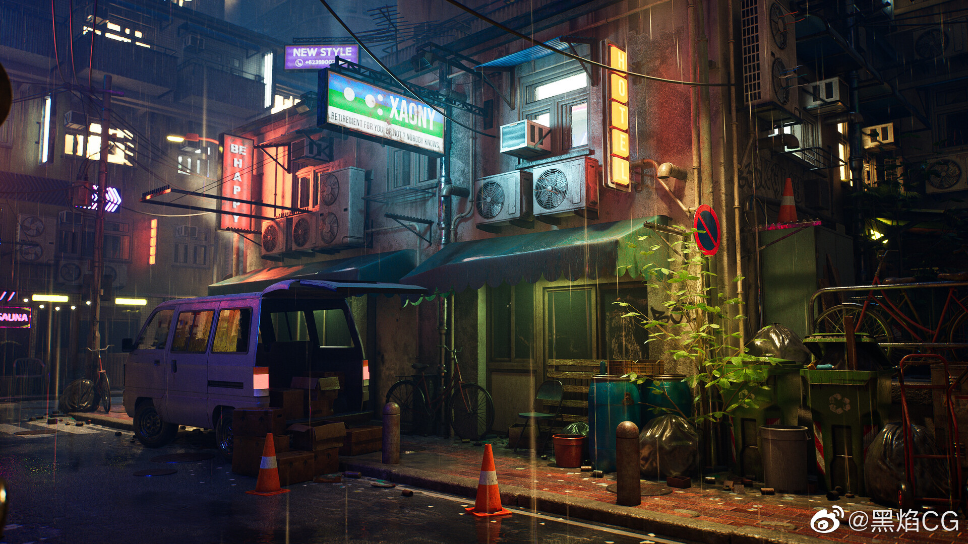 赛博朋克|雨中的霓虹灯街道场景气氛图__财经头条