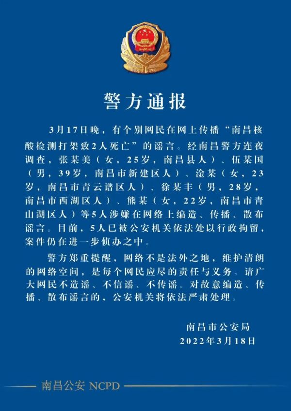 警方通报:因编造“南昌核酸打架致2死”谣言,5人已被行政拘留,案件侦办中休闲区蓝鸢梦想 - Www.slyday.coM 警方通报:因编造“南昌核酸打架致2死”谣言,5人已被行政拘留,案件侦办中休闲区蓝鸢梦想 - Www.slyday.coM