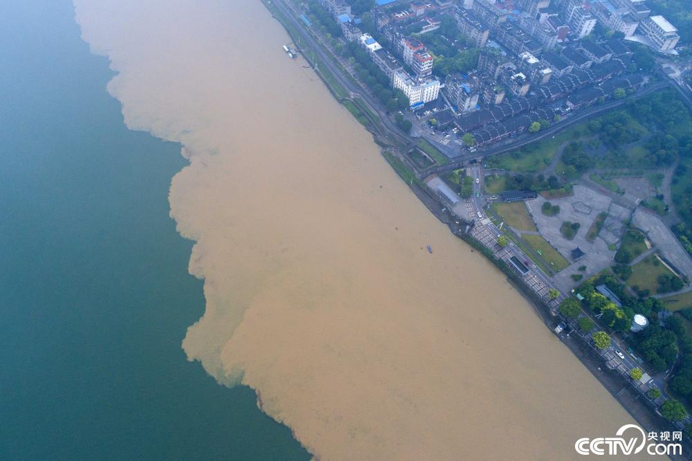 黄的泥巴水顺着汉江襄阳城区段南侧下泄,整条河流浑水与清水泾渭分明