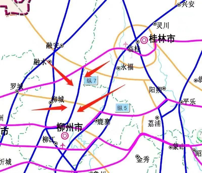 柳城县,融安县,桂林市永福县内,是广西高速公路网规划纵7线的端点