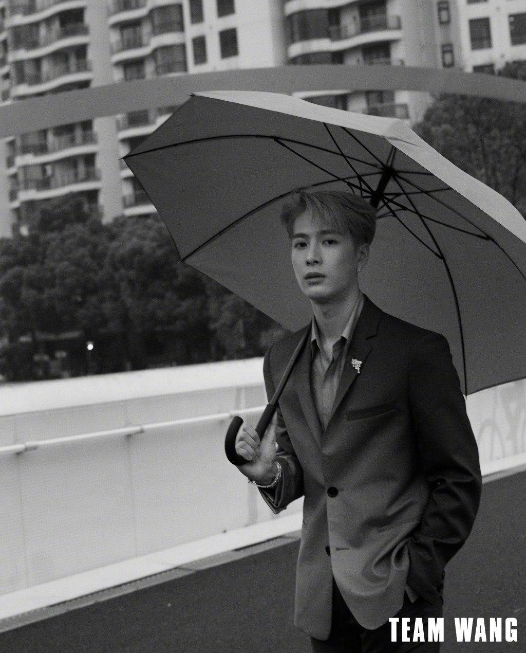 王嘉尔身着特别的渐变灰修身西装