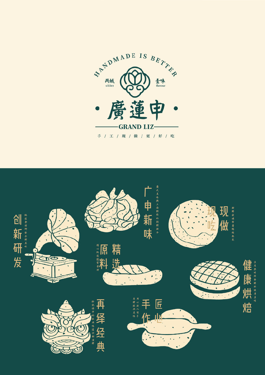 蓝色一页品牌广莲申糕点logo设计及品牌vi设计