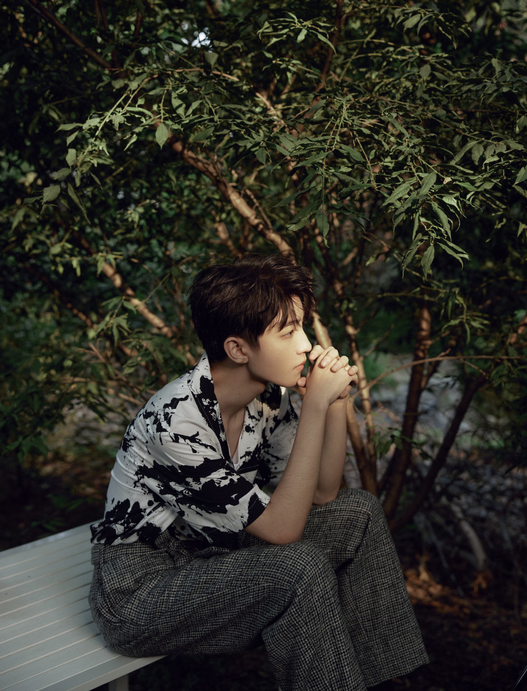王俊凯森系绿荫写真大片来啦 身穿花衬衫静坐再绿荫中
