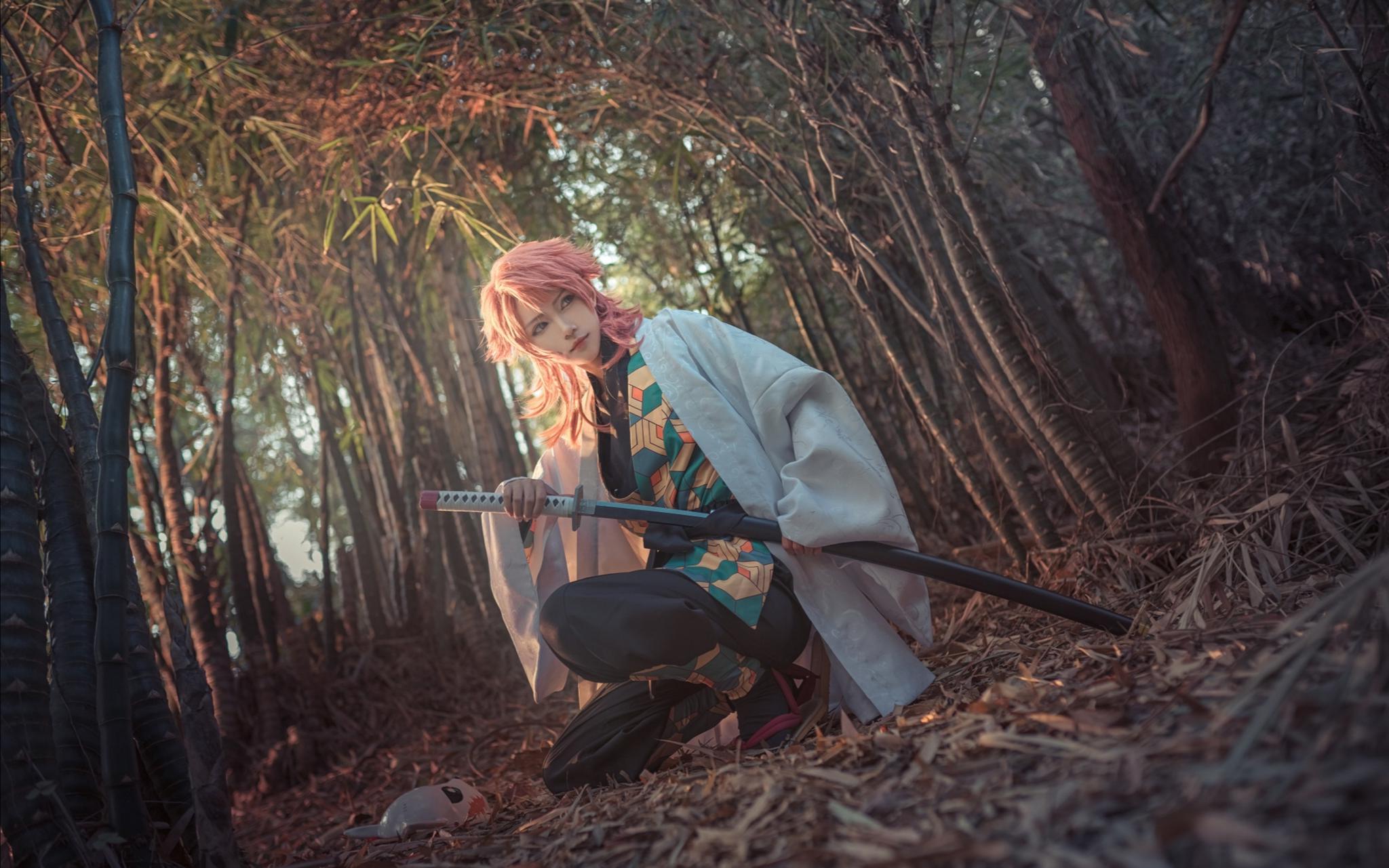 鬼灭之刃锖兔神还原cos夕阳下的日系美少年