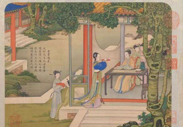 《西陵教蚕图》,挂在储秀宫,御笔匾为:茂修内治(创新);《太姒诲子图》