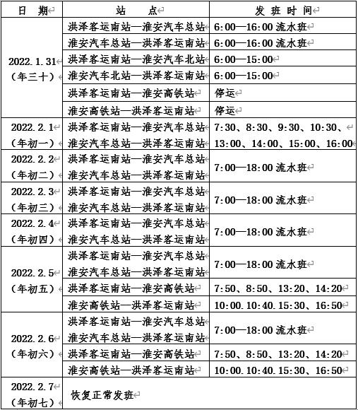 1月31日起淮涟专线淮洪快速公交运行时间有调整