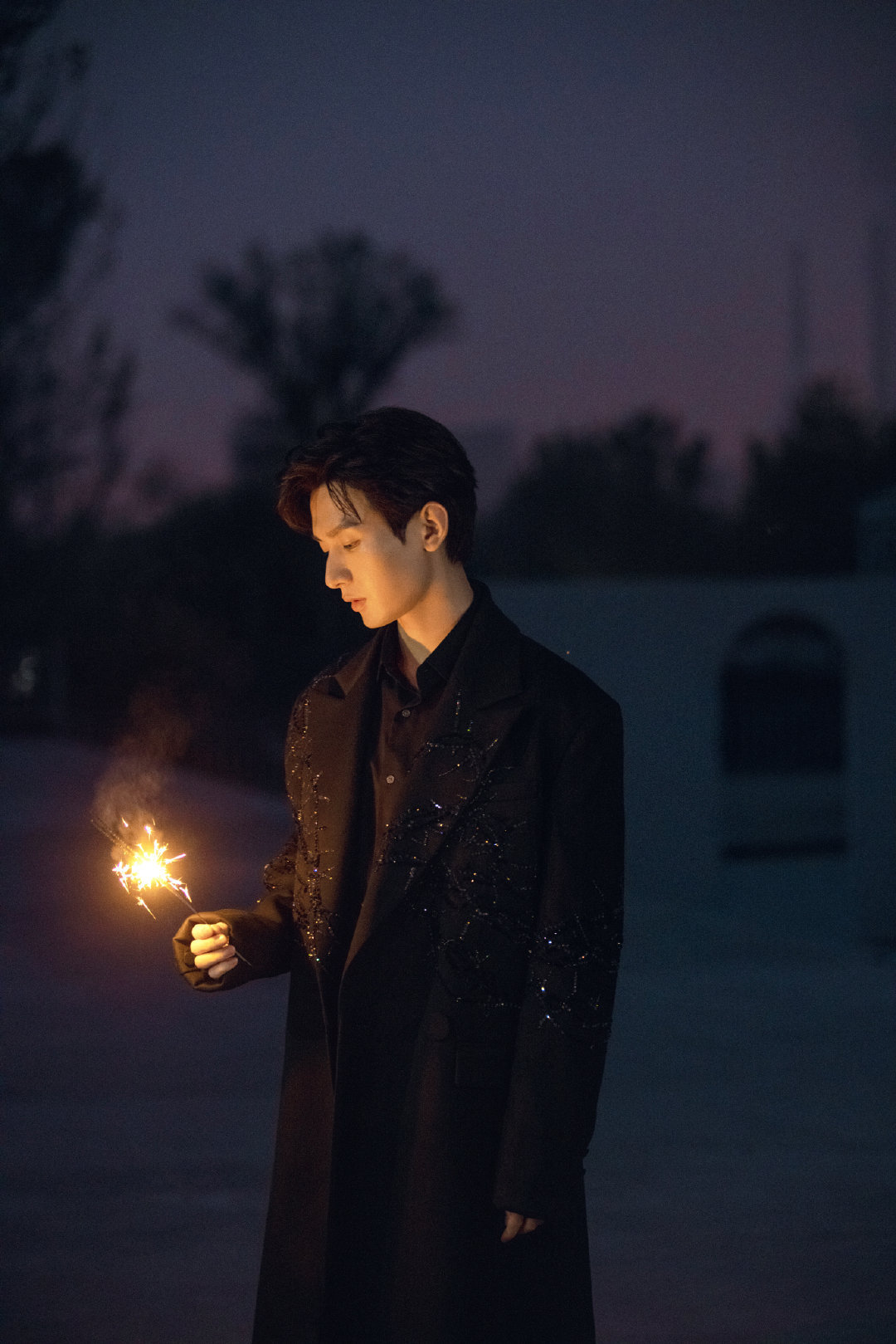 成毅新鲜夜幕烟花写真大片 身穿黑色西装,夜幕下手拿烟花棒……__财经