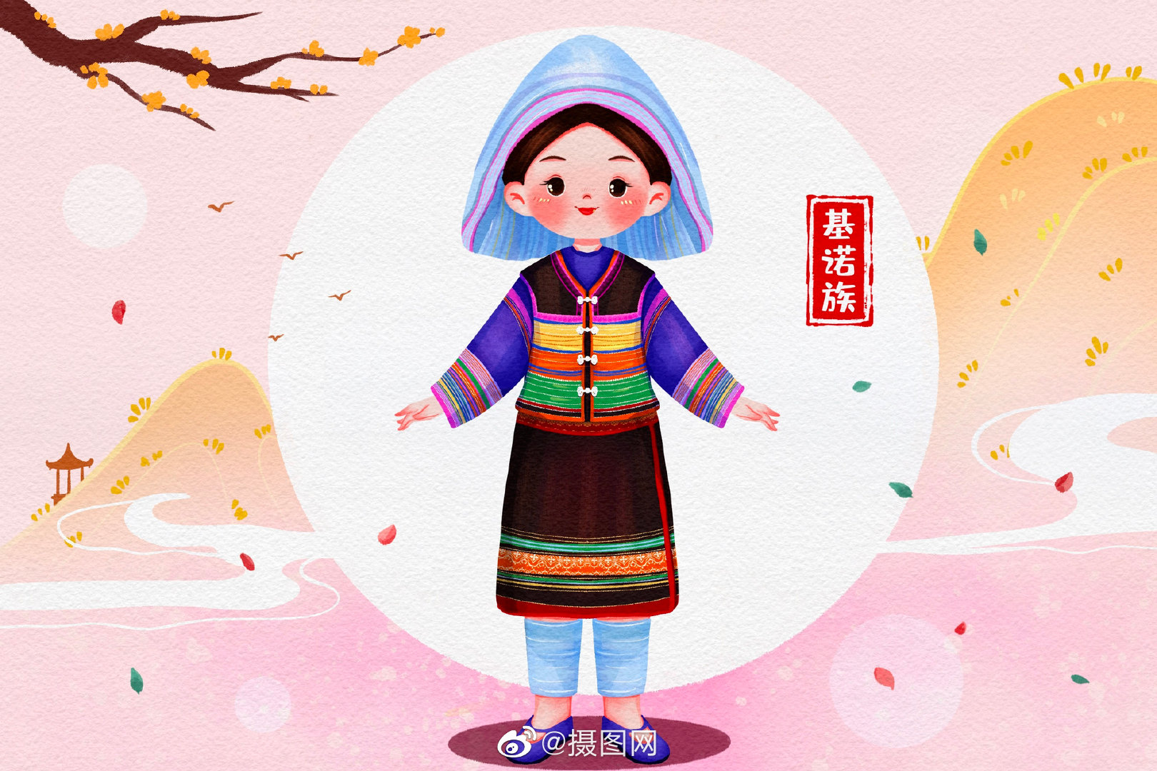 手绘插画|56民族传统服饰手绘人物图