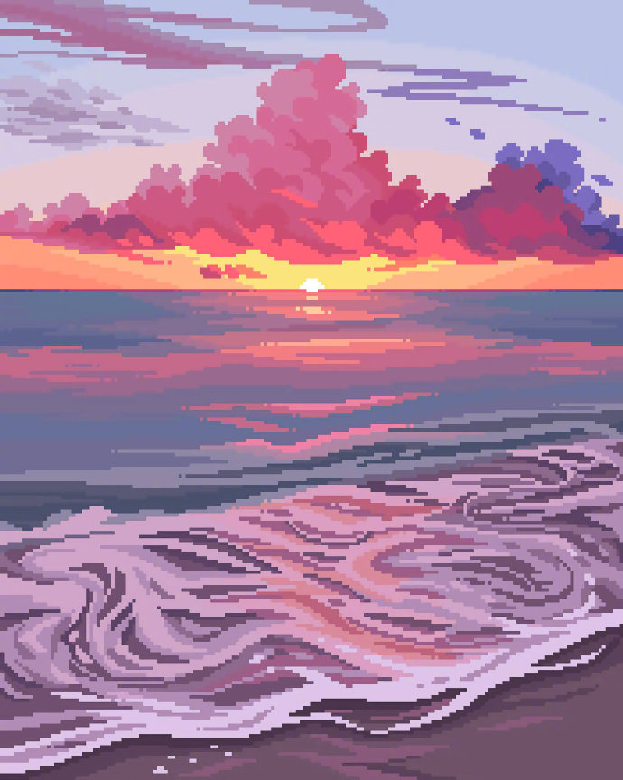 粉色调像素风风景插画