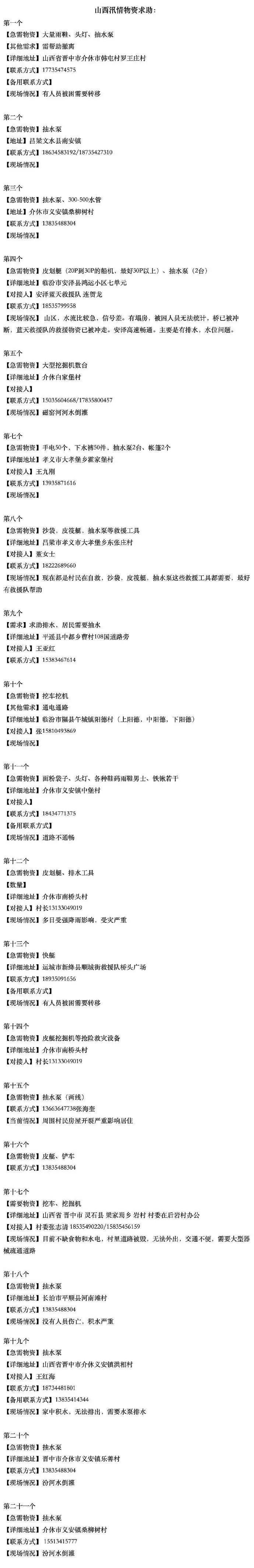 山西急需救援物资汇总！扩散！休闲区蓝鸢梦想 - Www.slyday.coM