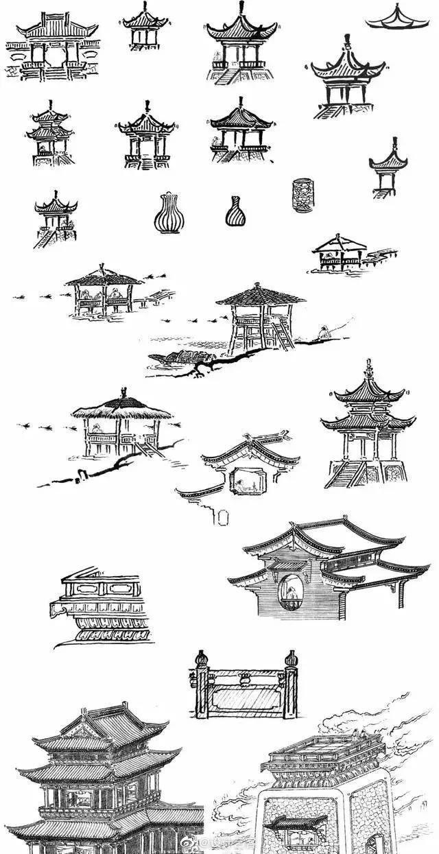 国画建筑小品线稿表达.