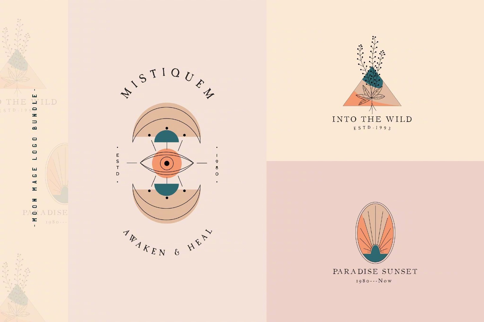 几十种优雅复古类型logo设计元素的排列和图形配色可以参考