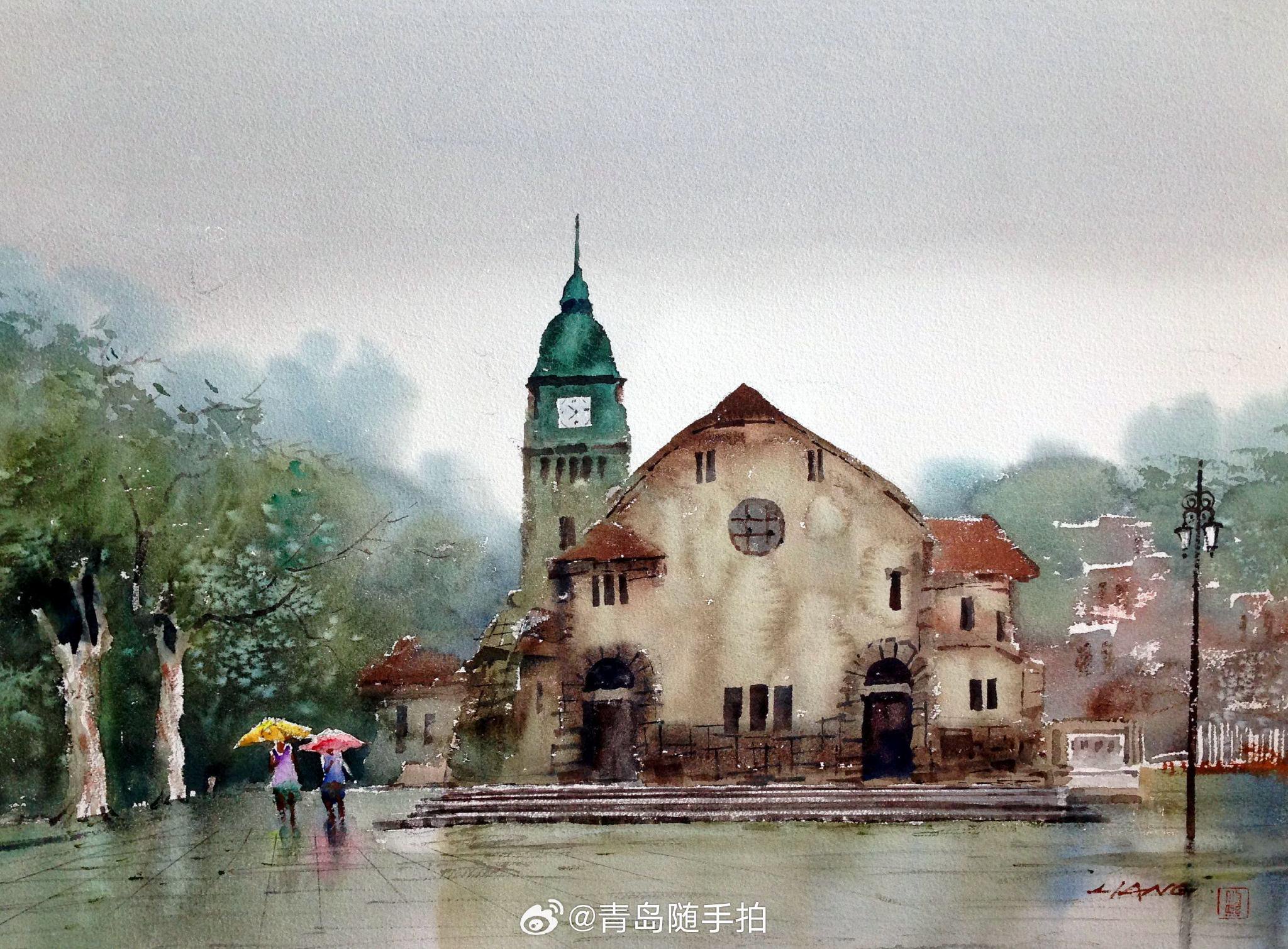 雨中老城,水彩青岛