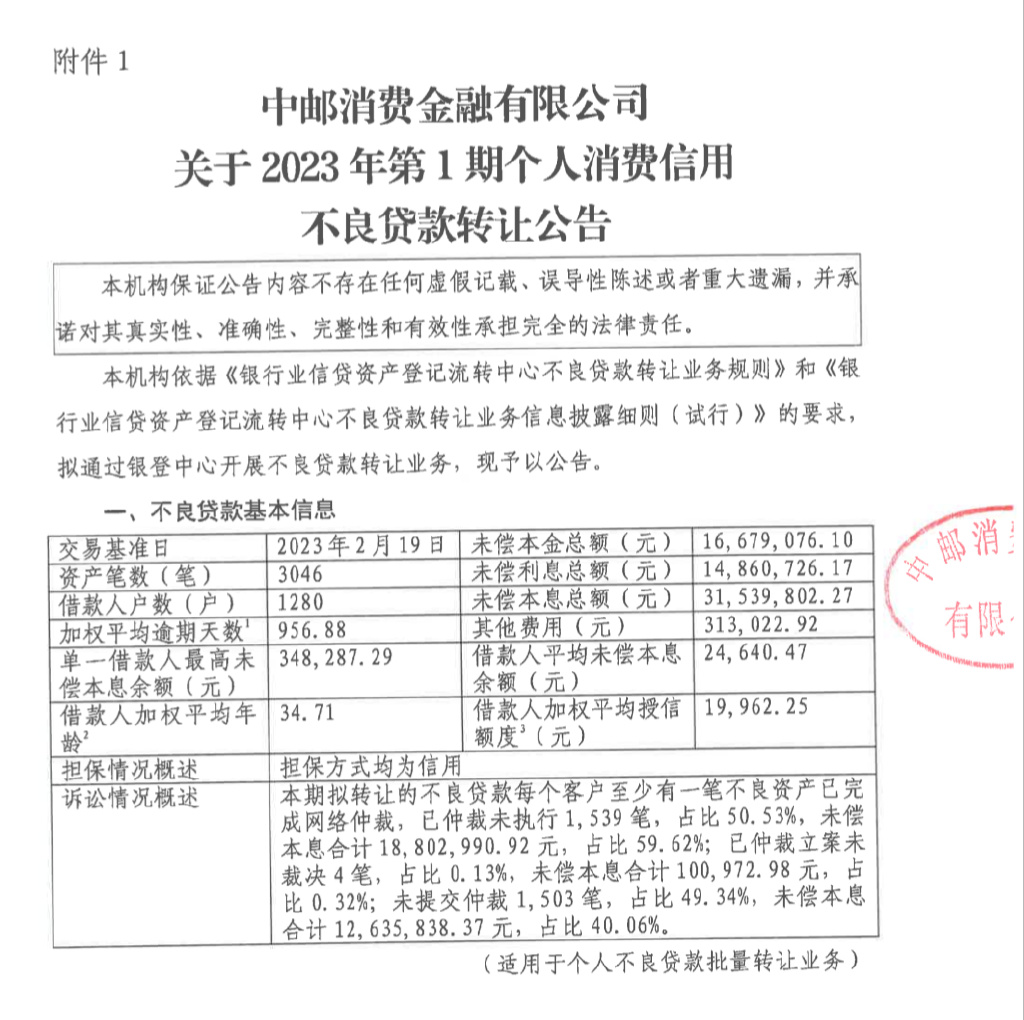 3月2日,中郵消費金融公司在銀登中心網站發佈《關於第1期個人消費信用