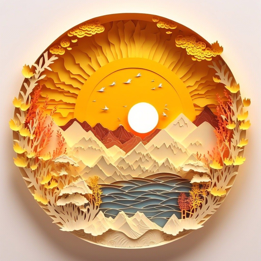 中式剪纸日出