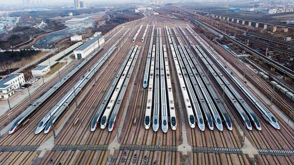 航拍石家庄动车所停放高铁列车.