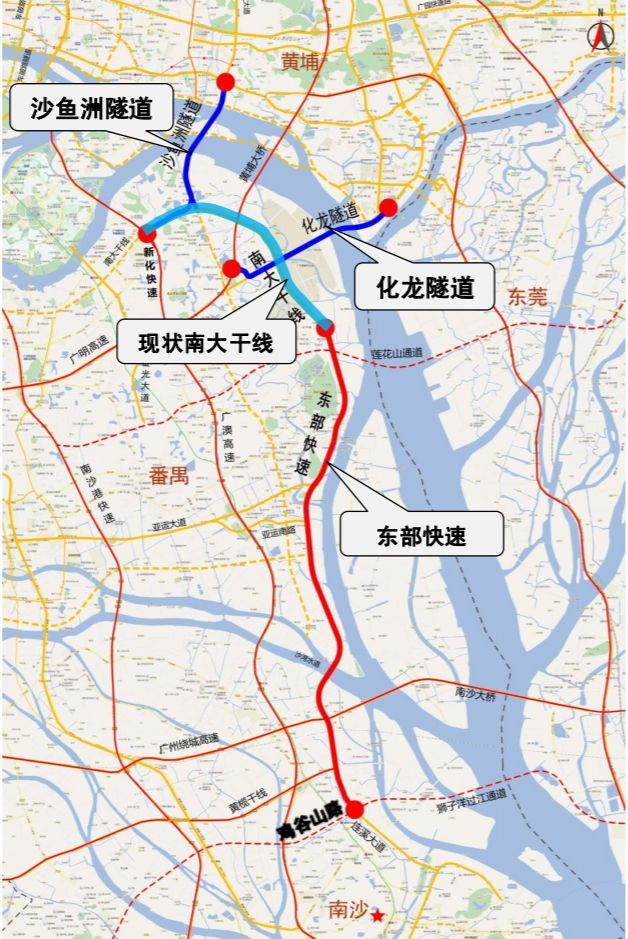 南沙东部快速通道(暂定名)位于广州市番禺区和南沙区,起点接南大干线