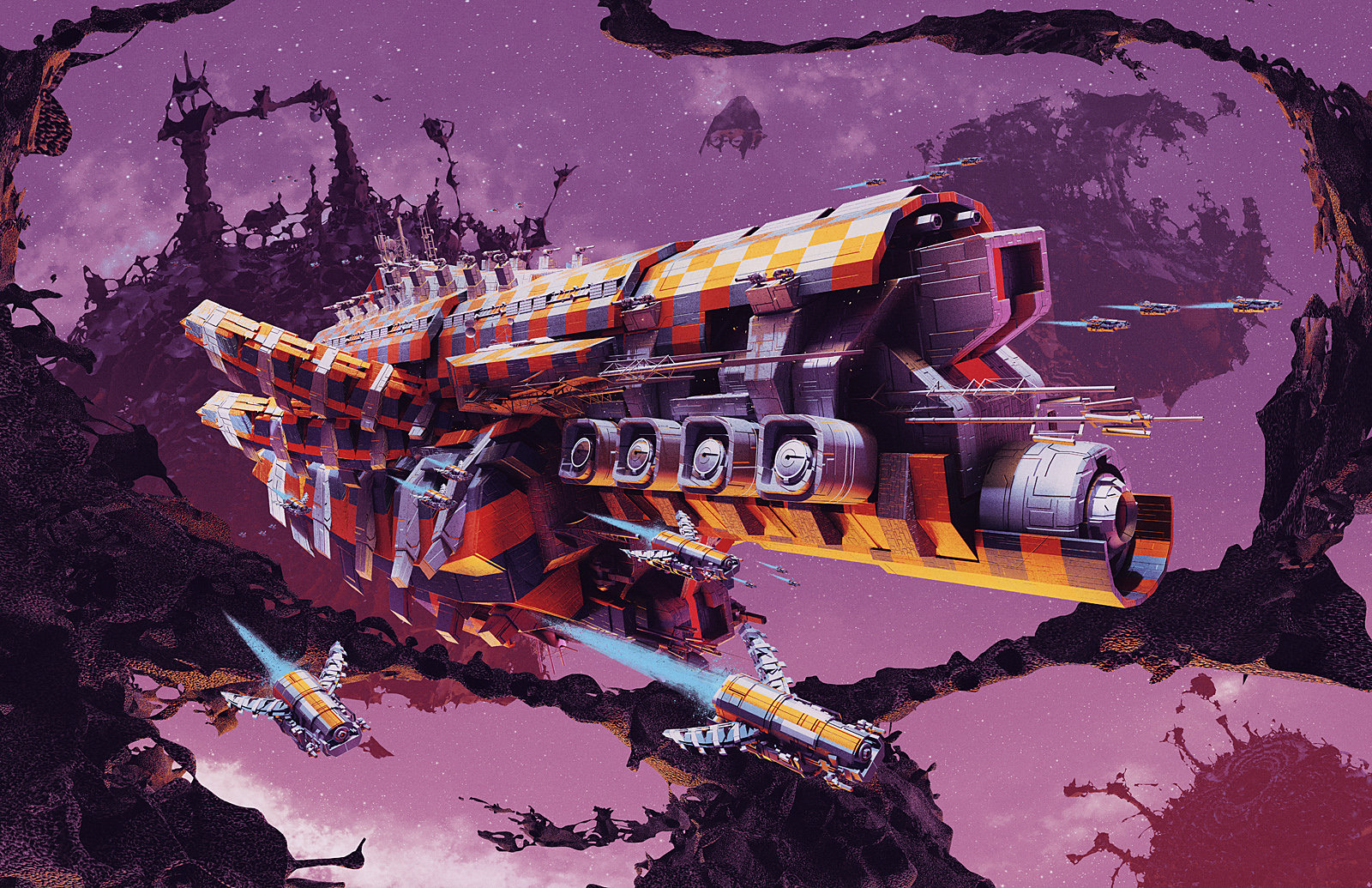斑斓的战舰和坠落的机器人来自艺术家chrisskinner创作的科幻插图