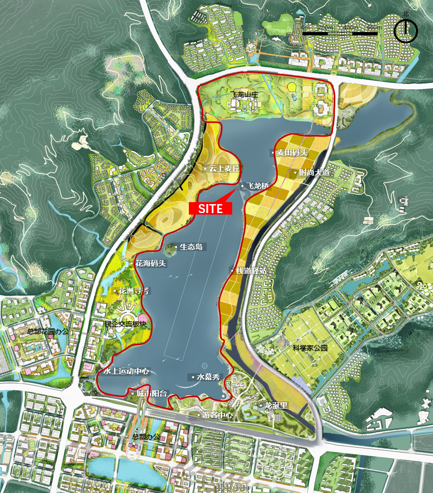 环湖景观规划以"龙腾湖悦·两家汇集"为主题,通过构建 1258景观框架