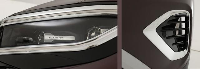 带有IQ.LIGHT标识的智能大灯系统，集LED远近光灯、日行灯、雾灯、转向辅助灯为一体；右图为前包围开口，用于疏通气流。