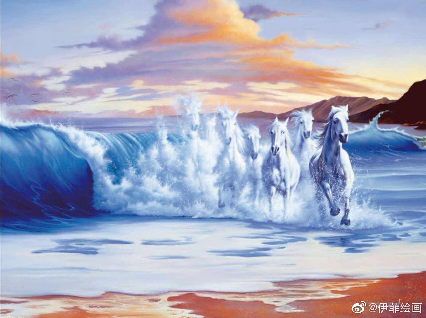 手绘油画作品 海与马