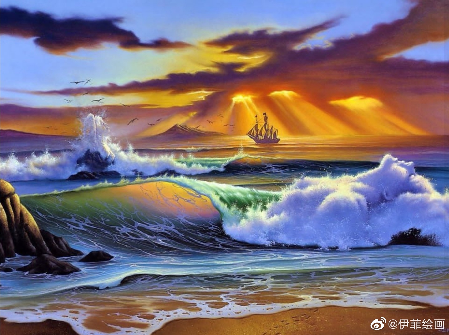 手绘油画作品 海与马