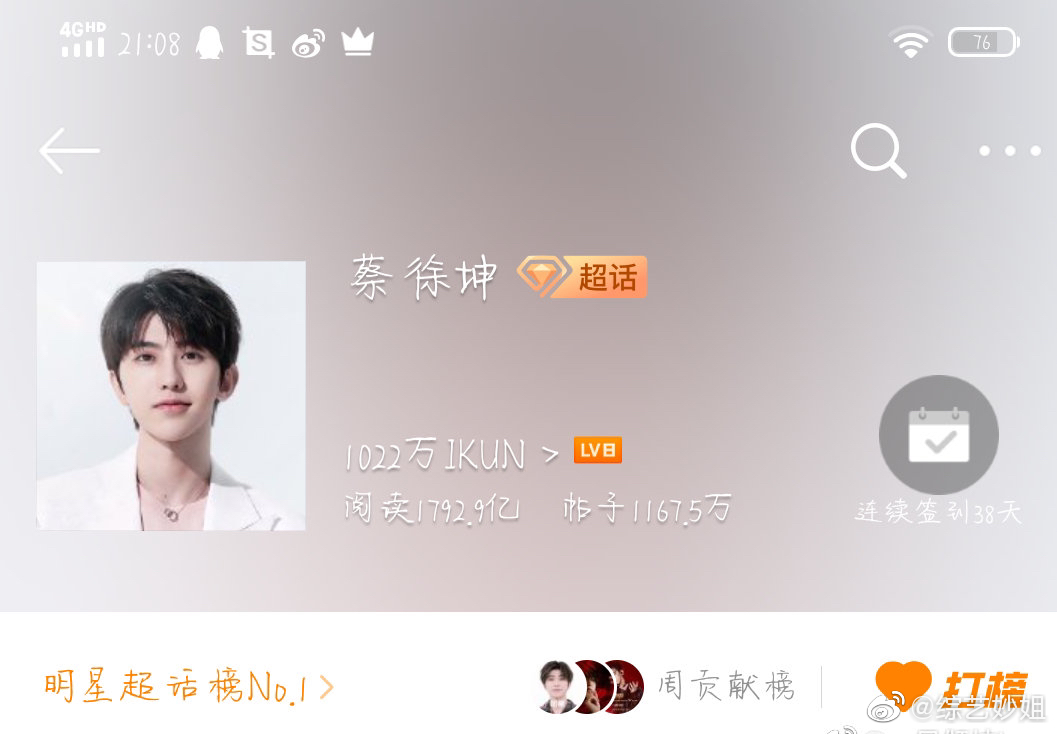 蔡徐坤今日成为明星超话排行榜第一