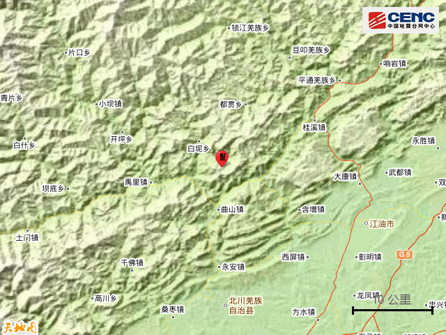 震中地形:周边县城:震中距北川羌族自治县30公里附近村镇:@中国地震台