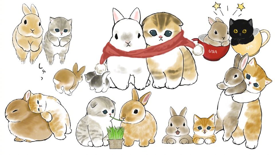 猫猫和兔兔的激萌合照.真是太可爱了 .twi:mofu_sand
