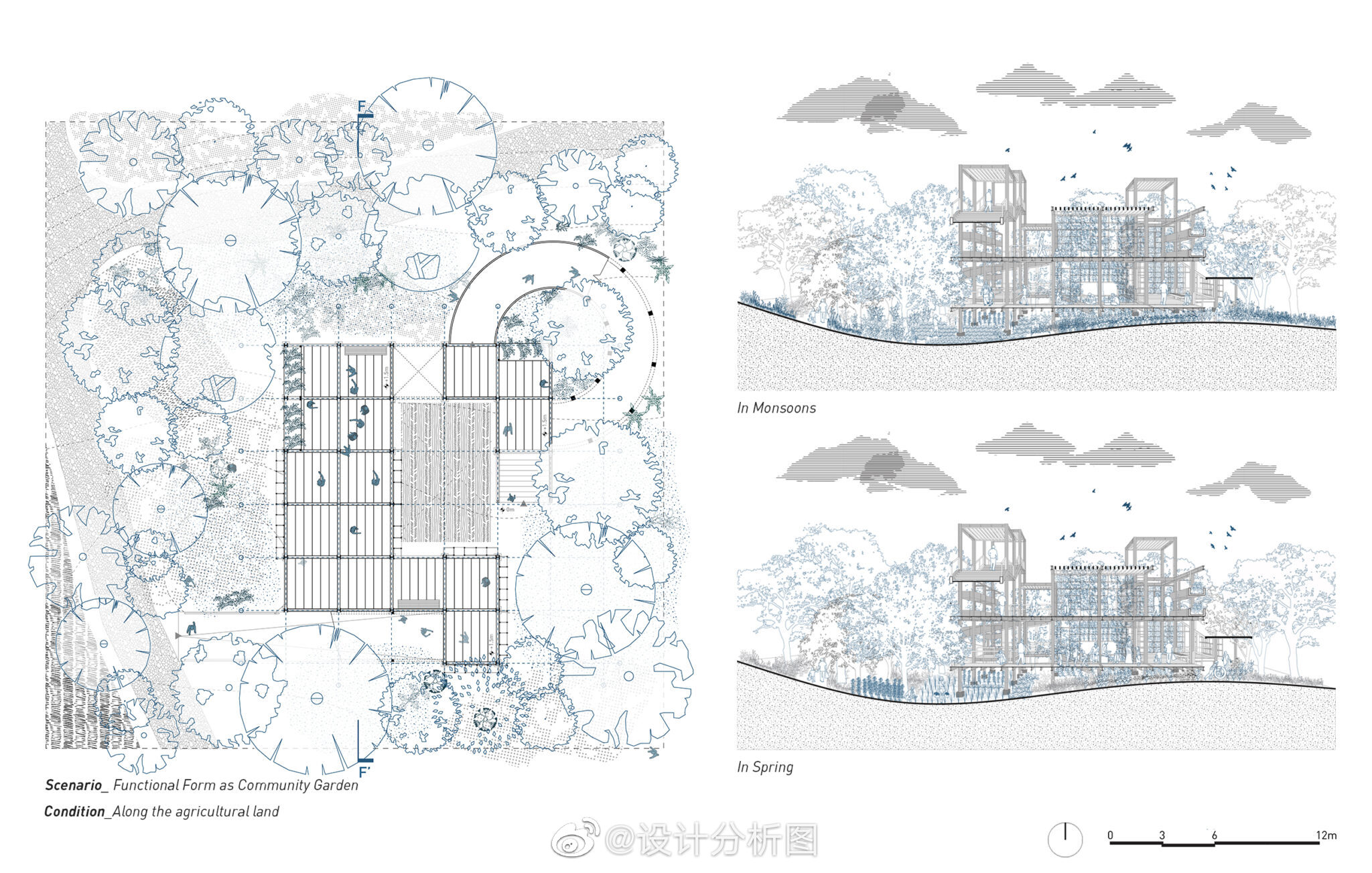 一组蓝色系线稿风生物建筑设计图纸__财经头条