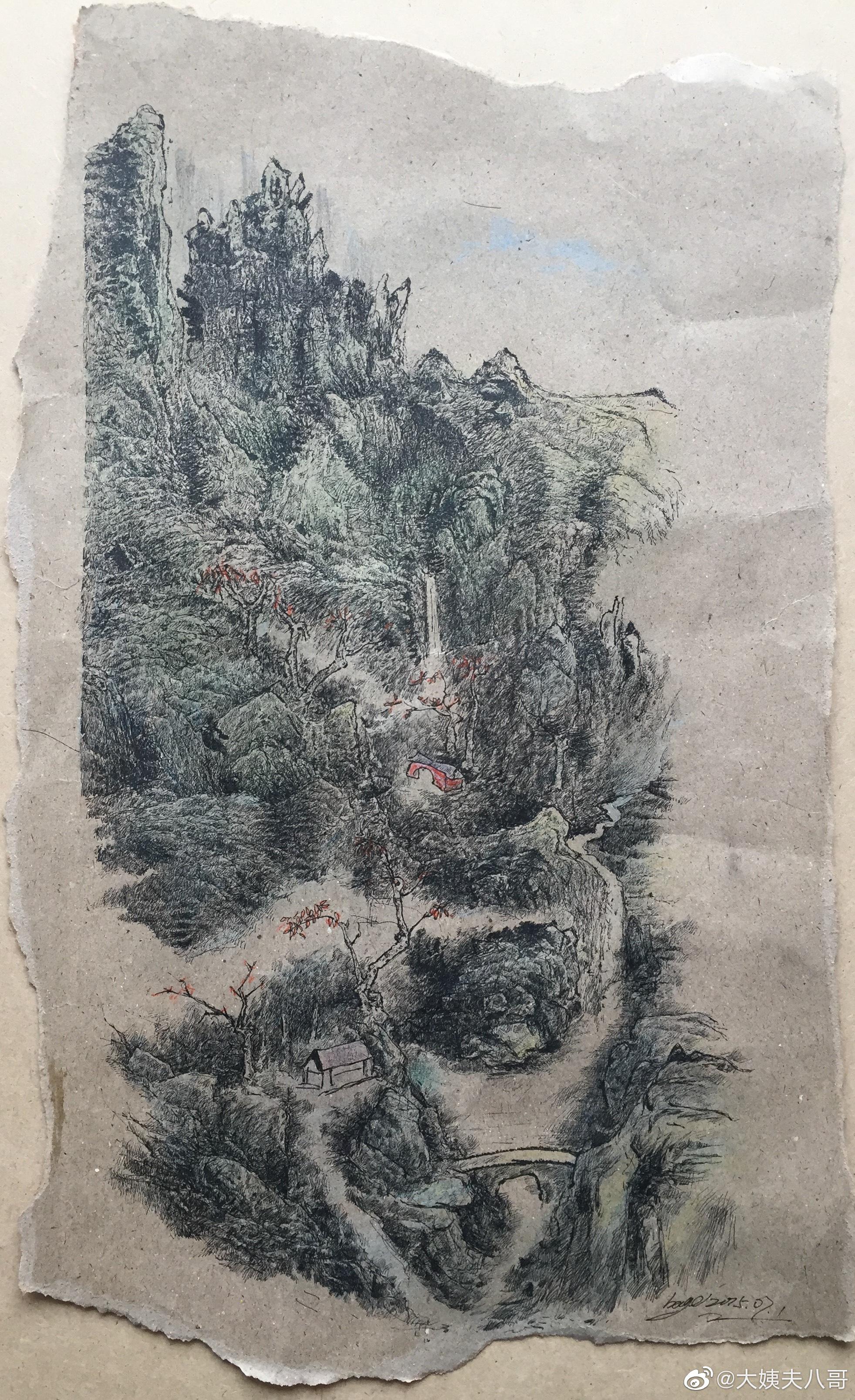 待到山花烂漫时 @大姨夫八哥中性笔国画风