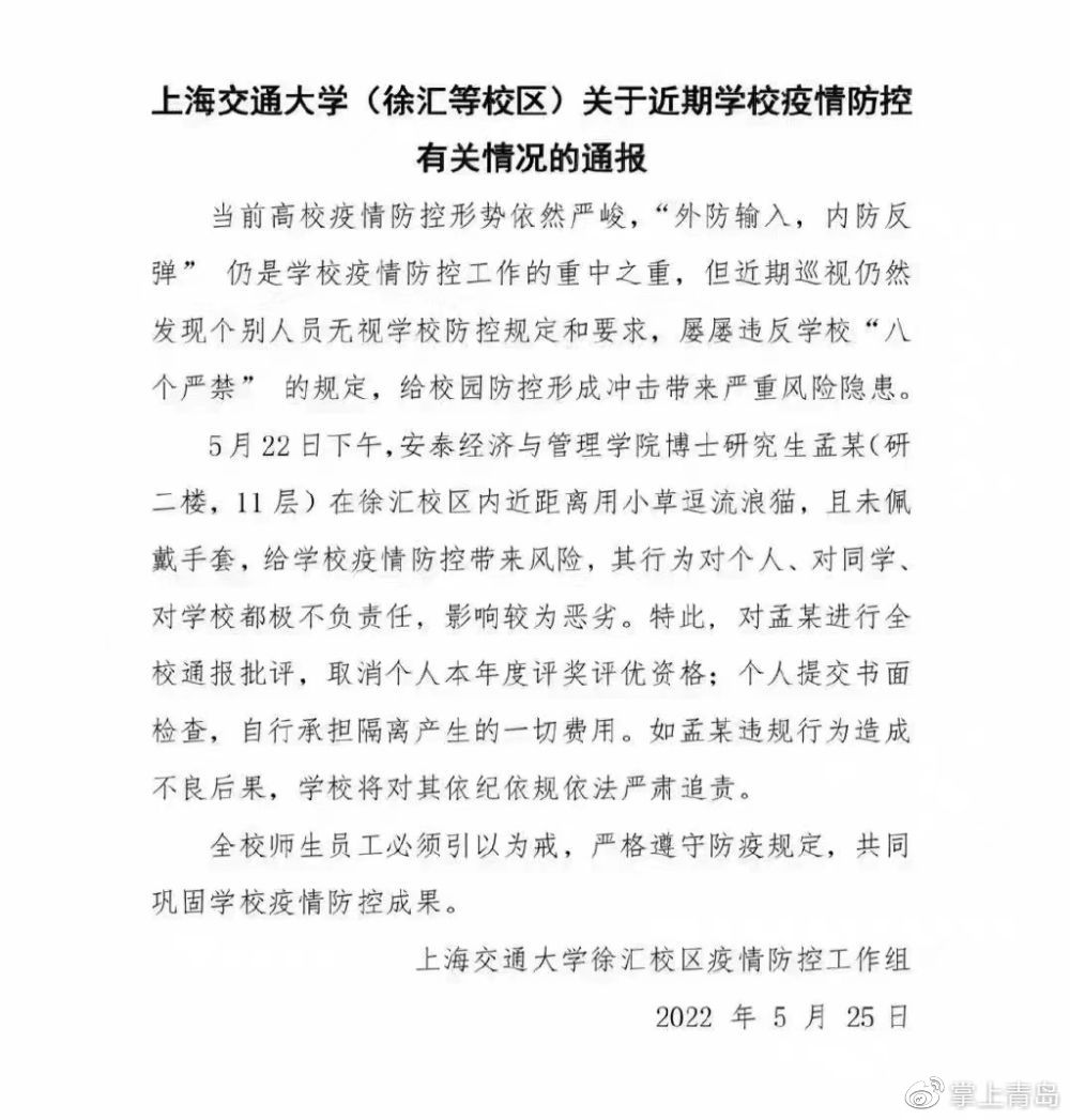 上海交大回应学生逗流浪猫被通报处分:特殊时期保护学生安全休闲区蓝鸢梦想 - Www.slyday.coM 上海交大回应学生逗流浪猫被通报处分:特殊时期保护学生安全休闲区蓝鸢梦想 - Www.slyday.coM