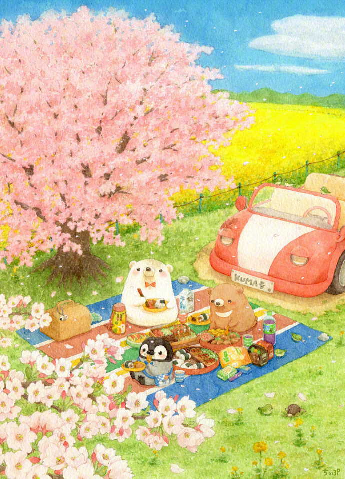 治愈插画设计欣赏:小白熊一家的春夏秋冬