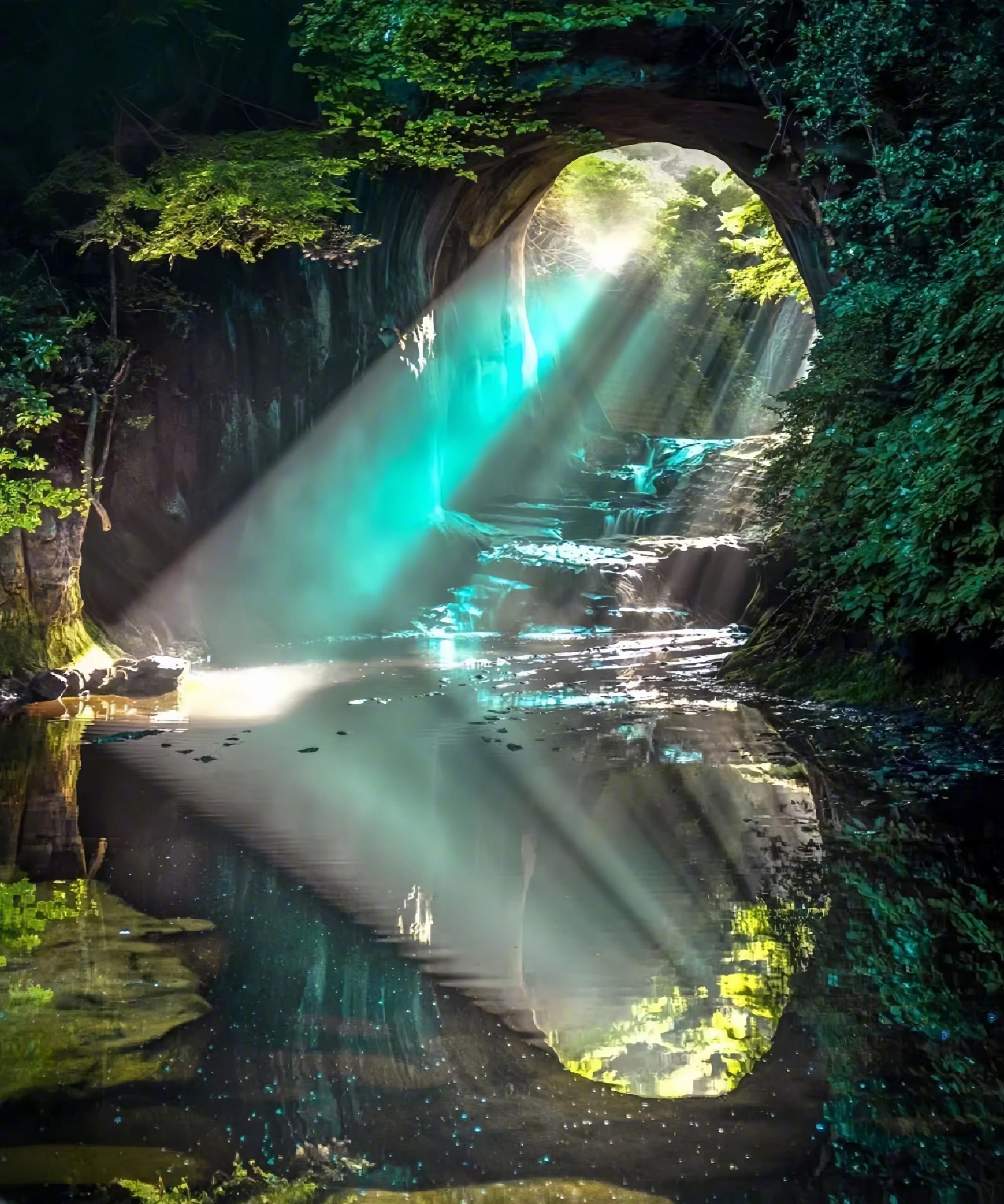 日本千叶县的龟岩洞（Nomizo Falls），洞穴的光线反射到水面上……