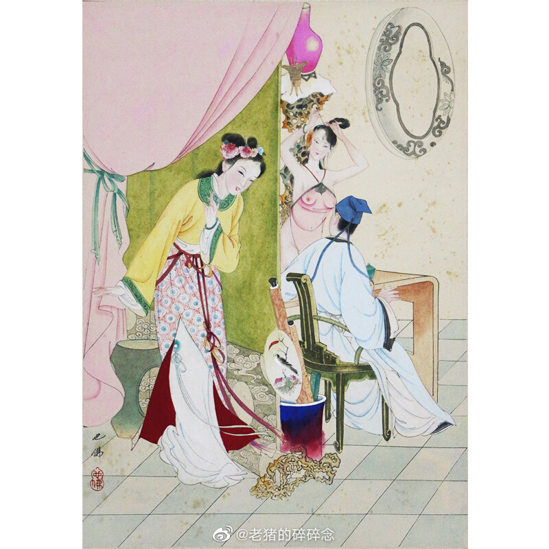 他的人物学的是明代仇十洲笔法,以一手"铁线游丝"的绝活而独领风骚.