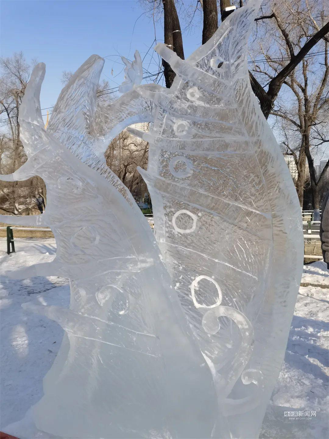 兆麟公园冰灯制作中,大学生用冰雕作品迎冬奥|首届"哈职杯"龙江冰雪