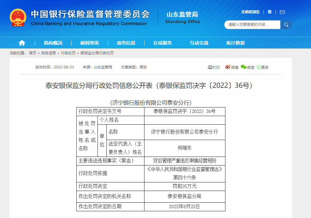 济宁银行泰安分行因严重违反审慎经营规定 被罚35万元