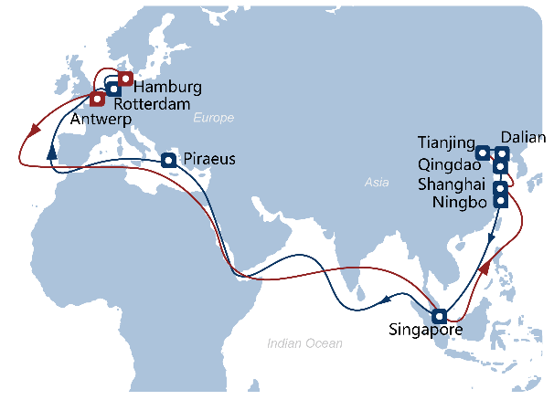 欧洲方向:荷兰鹿特丹港到上海港,船舶航行时间约26天.