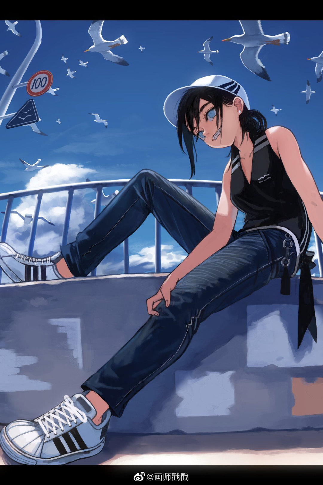 来自插画师kaneni的动漫人物场景创意插画系列——蓝天白云晴空少年
