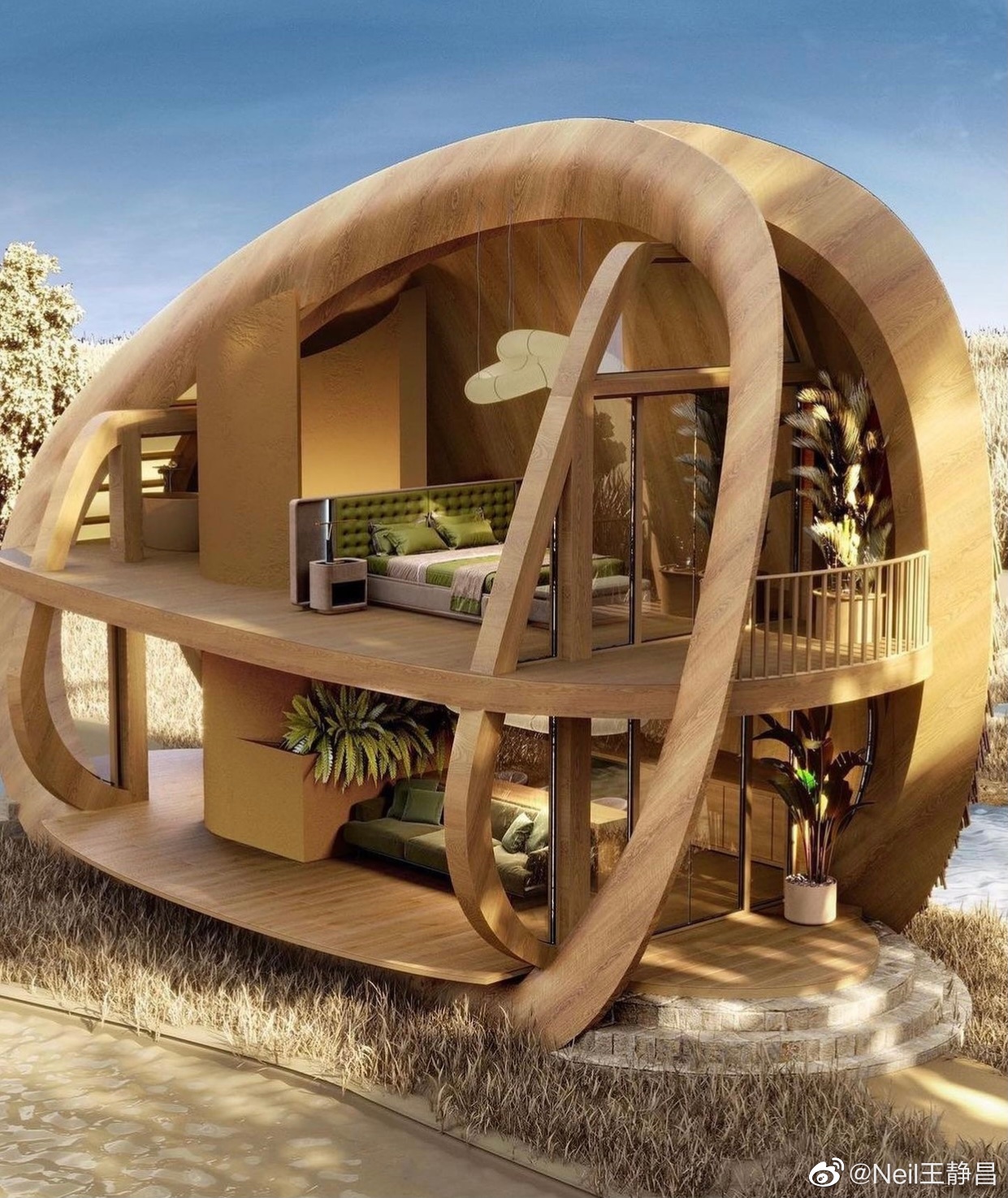 这房子就像稻田中的巨大贝壳!