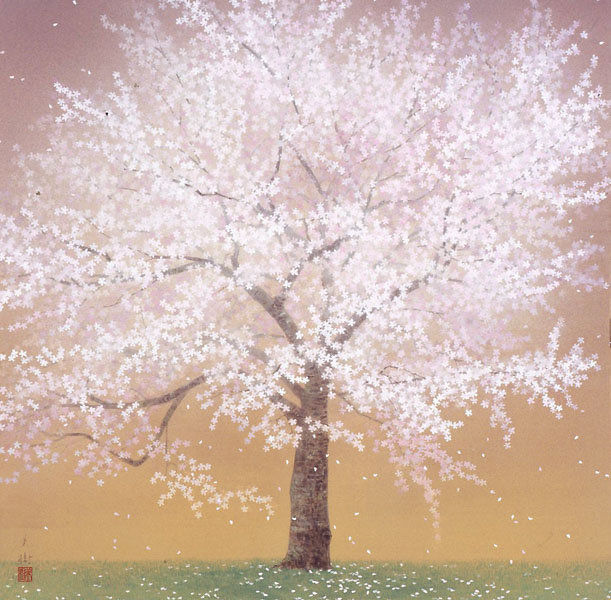 日本画家野地美树子所描绘的夜樱