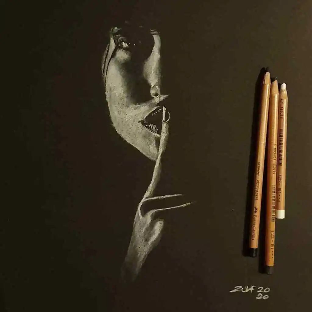 用白笔黑纸画成的素描画与正常画作完全相反神秘又梦幻