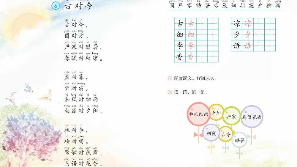 一年级下:《古对今》传统韵语识字,背诵课文的要求,难吗?|小节|学生|四季|和风|狂风_新浪新闻