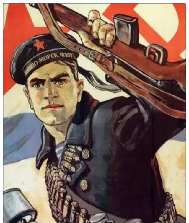 战时穿海魂衫端步枪上岸战斗的苏联水兵