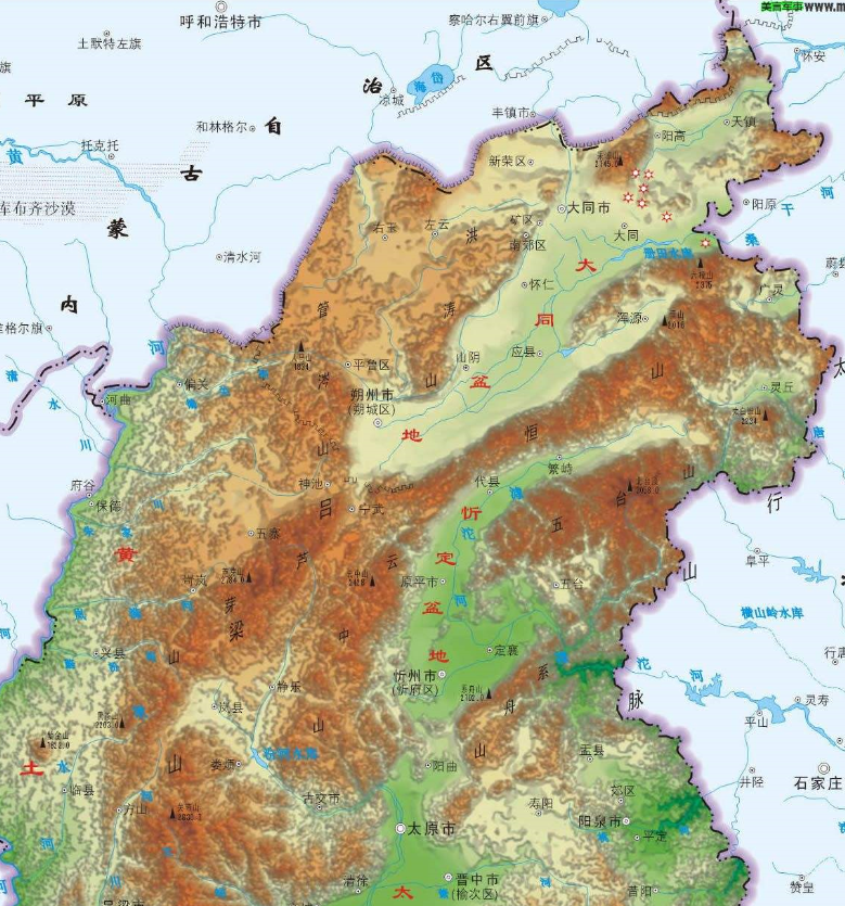东有太行山,两山之间由北至南,依次是大同盆地,忻定盆地和太原盆地等