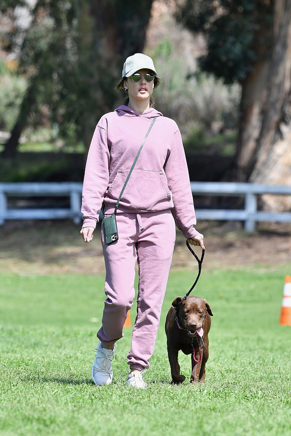 安布罗休穿粉色套装好少女,牵狗散步秀超模身材